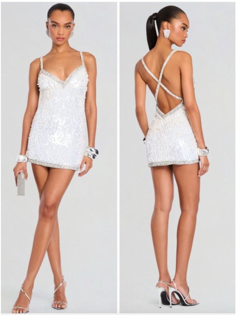 Retrofete Ivanna Sequin Mini Dress White & Silver Womens Size Medium